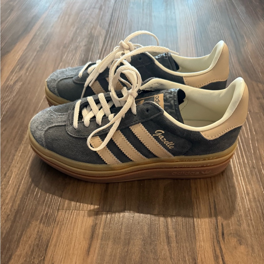 adidas Originals Women's Gazelle Bold Shoes Grey and Tan.